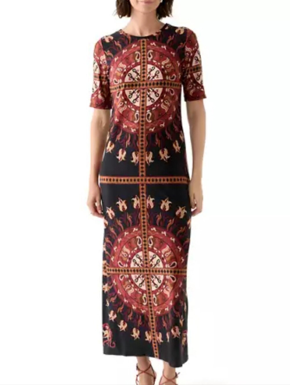 Short Sleeved Medalion Maxi Dress Rust And Black - Picture 3 of 12